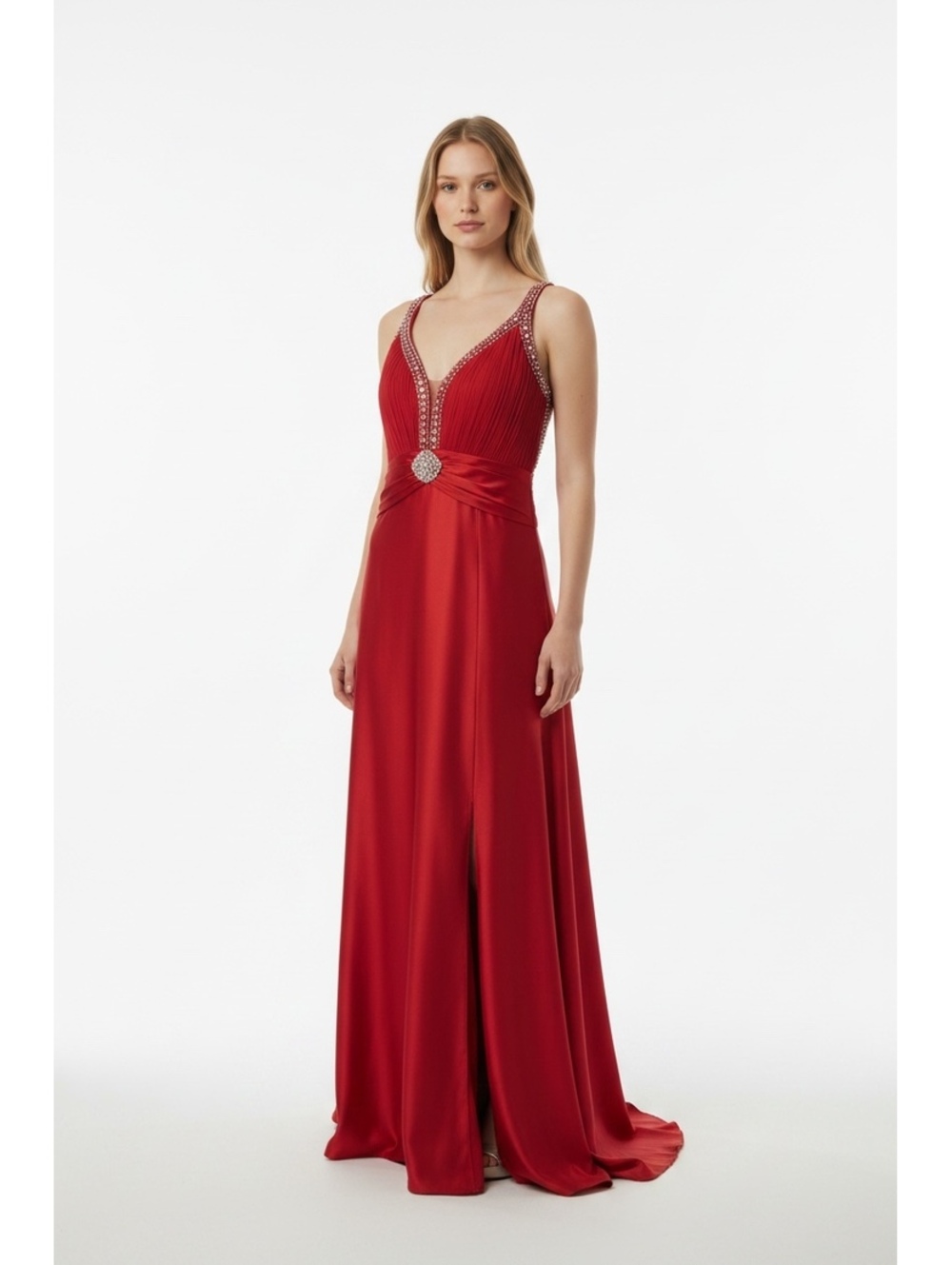 Elegant Red Evening Gown with Embellished V-Neck and Side Slit